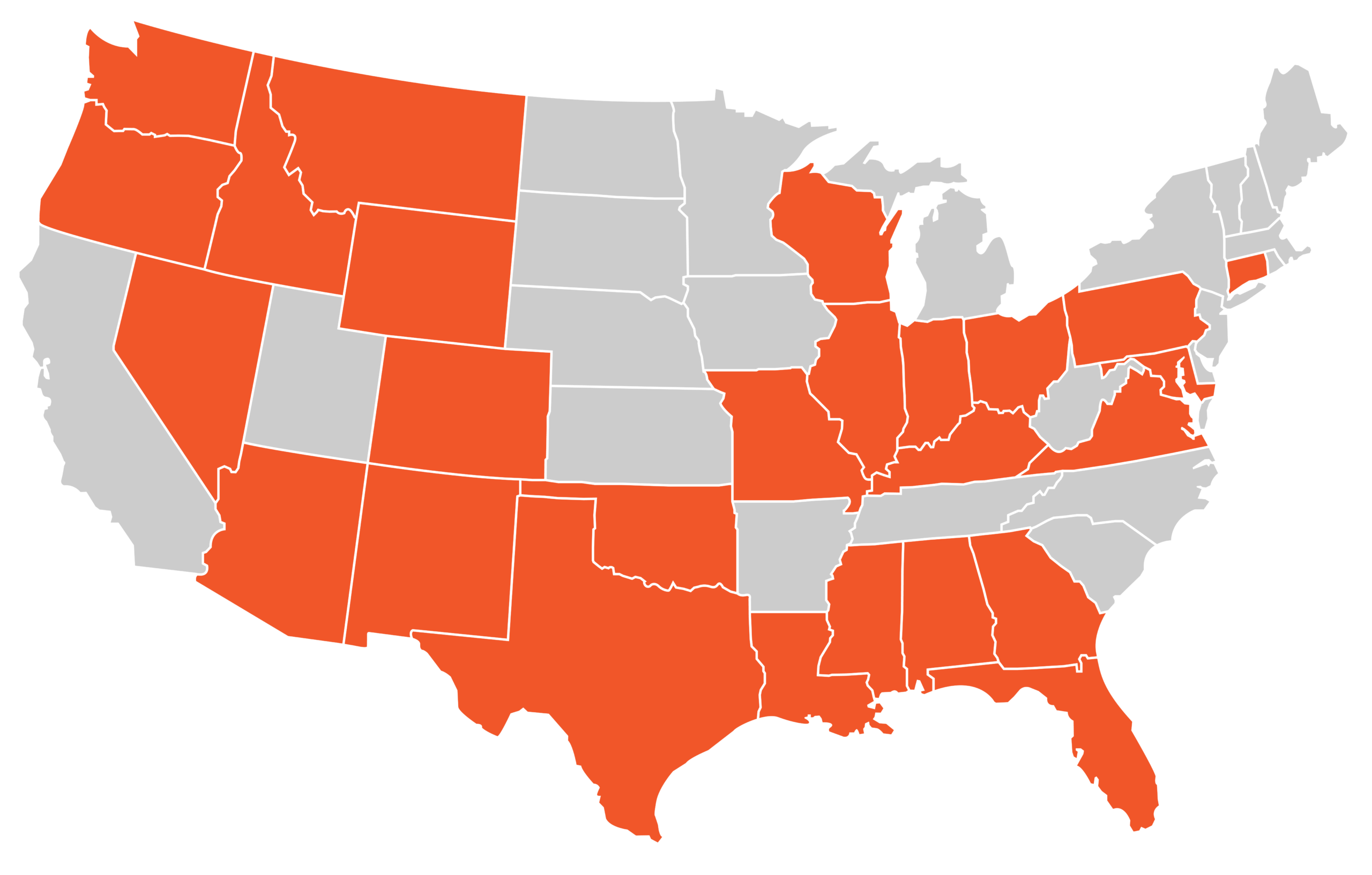 Color-coded map of the United States showing some states in orange and others in gray (highlights specific states).