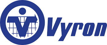 Vyron logo: blue circular emblem with an abstract figure and grid, followed by the bold 'Vyron' wordmark.